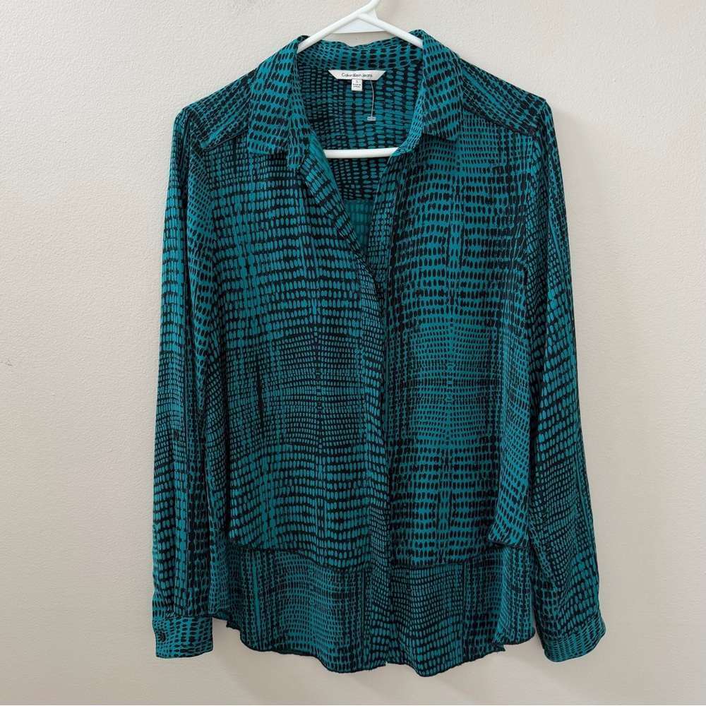 Calvin Klein Teal & Black Long Sleeve Button Down Shirt, Sz S - Picture 1 of 11